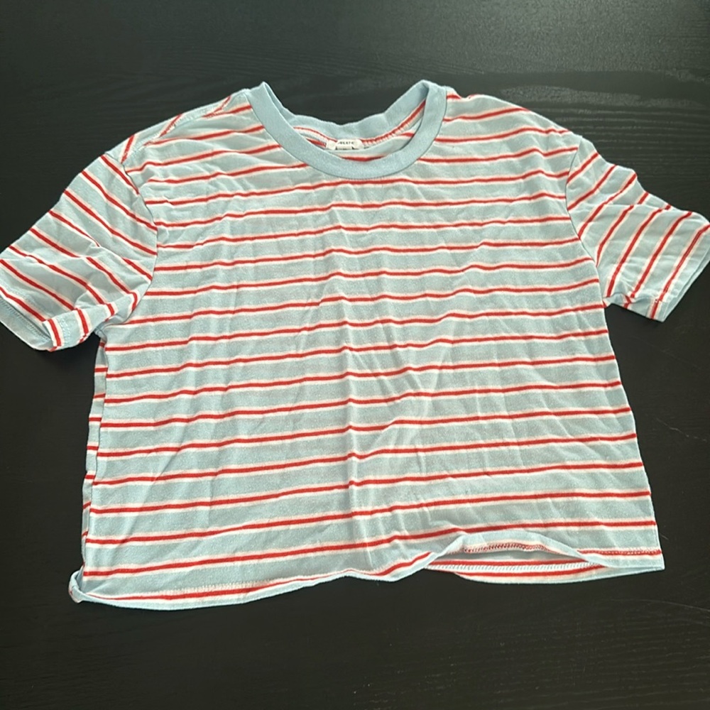 Blue and red Ardene striped crop T-shirt.
